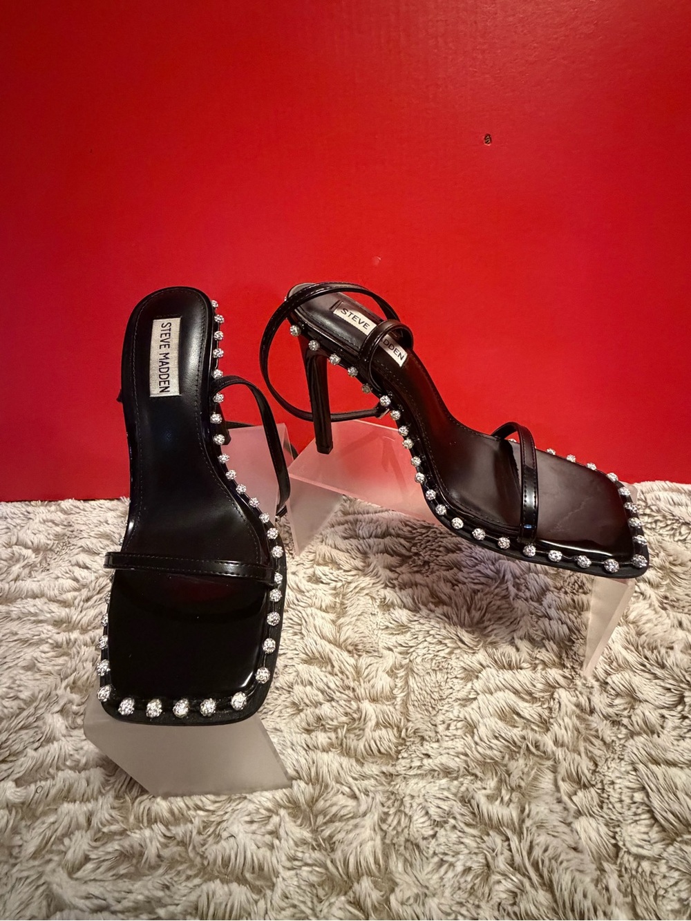 Steve Madden Zelle Black Rhinestone embellished Square Toe High Heel Sandals - Picture 2 of 9
